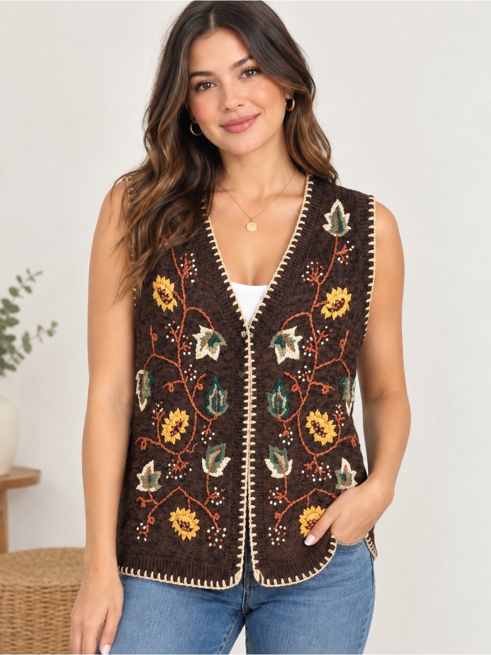 Tiara Brown Floral Embroidered V-Neck Sweater Vest Size 14/16